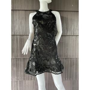 🔥Gianni Bini Sequins Halter Floral Ruffled Mini Black Dress Glam Party Cocktail